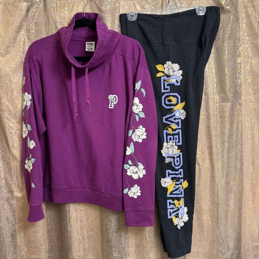 PINK Victorias Secret Purple Gray Floral Lounge Sweater Leggings Set XL